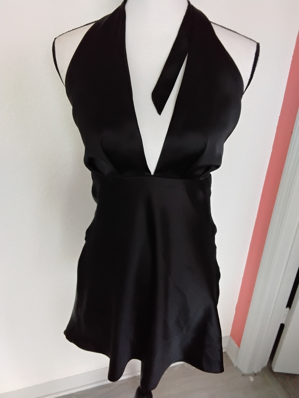 Zara Black Satin Halter Backless Mini Dress